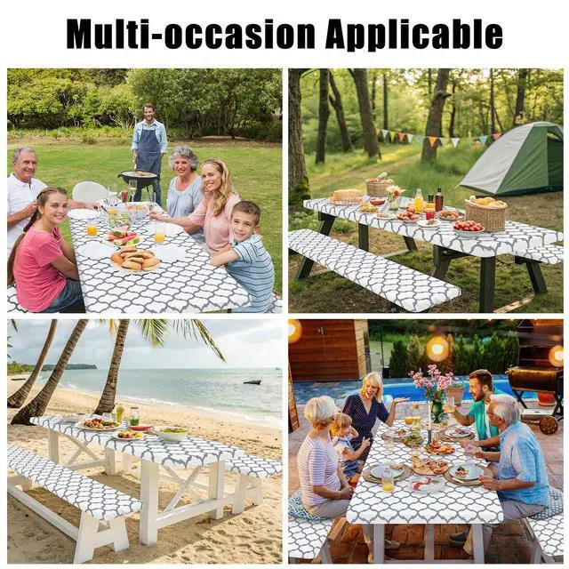 Alt view image 6 of 6 - Picnic Table Cover with Bench Covers, Waterproof Elastic Fitted Tablecloth for 6 Foot Tables, Washable Polyester Tablecloths for Camping, Indoor & Outdoor (White, 30x72 Inch 3-pc Set)