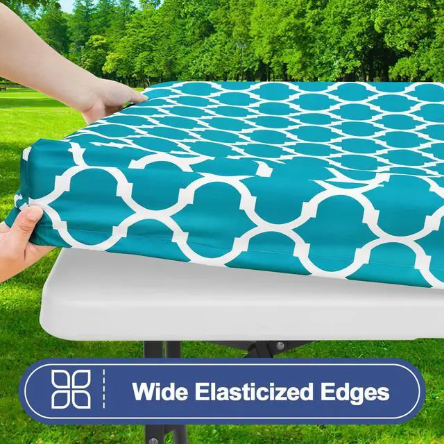 Alt view image 2 of 6 - Picnic Table Cover with Bench Covers, Waterproof Elastic Fitted Tablecloth for 6 Foot Tables, Washable Polyester Tablecloths for Camping, Indoor & Outdoor (Teal, 30x72 Inch 3-pc Set)