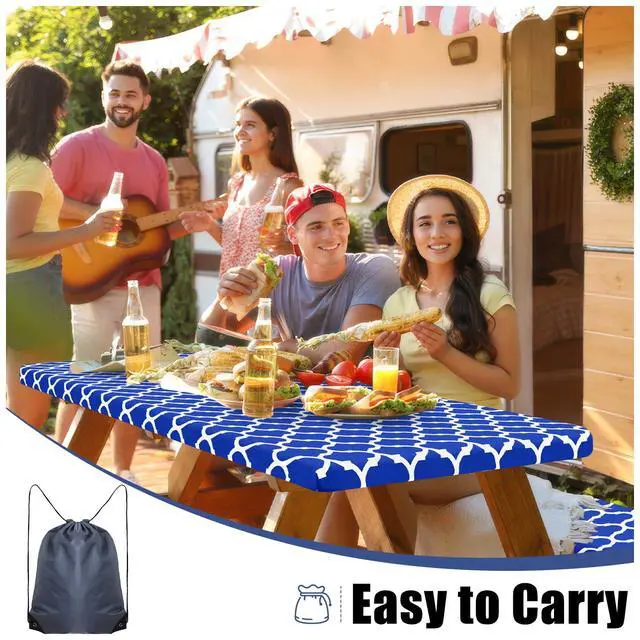 Alt view image 5 of 7 - Picnic Table Cover with Bench Covers, Waterproof Elastic Fitted Tablecloth for 6 Foot Tables, Washable Polyester Tablecloths for Camping, Indoor & Outdoor (Blue, 30x72 Inch 3-pc Set)