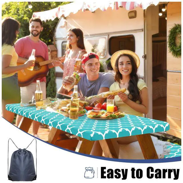 Alt view image 5 of 6 - Picnic Table Cover with Bench Covers, Waterproof Elastic Fitted Tablecloth for 6 Foot Tables, Washable Polyester Tablecloths for Camping, Indoor & Outdoor (Teal, 30x72 Inch 3-pc Set)