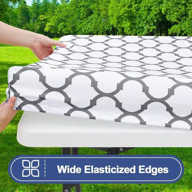 Alt view image 2 of 6 - Picnic Table Cover with Bench Covers, Waterproof Elastic Fitted Tablecloth for 6 Foot Tables, Washable Polyester Tablecloths for Camping, Indoor & Outdoor (White, 30x72 Inch 3-pc Set)