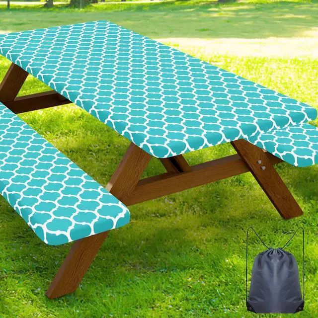 Main image of Picnic Table Cover with Bench Covers, Waterproof Elastic Fitted Tablecloth for 6 Foot Tables, Washable Polyester Tablecloths for Camping, Indoor & Outdoor (Teal, 30x72 Inch 3-pc Set)
