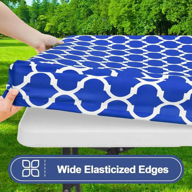 Alt view image 2 of 7 - Picnic Table Cover with Bench Covers, Waterproof Elastic Fitted Tablecloth for 6 Foot Tables, Washable Polyester Tablecloths for Camping, Indoor & Outdoor (Blue, 30x72 Inch 3-pc Set)