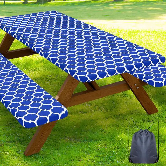 Main image of Picnic Table Cover with Bench Covers, Waterproof Elastic Fitted Tablecloth for 6 Foot Tables, Washable Polyester Tablecloths for Camping, Indoor & Outdoor (Blue, 30x72 Inch 3-pc Set)