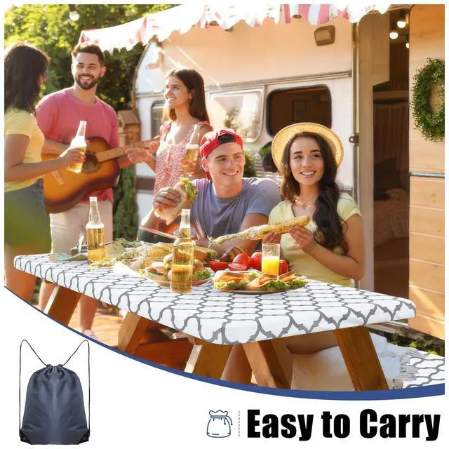 Alt view image 5 of 6 - Picnic Table Cover with Bench Covers, Waterproof Elastic Fitted Tablecloth for 6 Foot Tables, Washable Polyester Tablecloths for Camping, Indoor & Outdoor (White, 30x72 Inch 3-pc Set)
