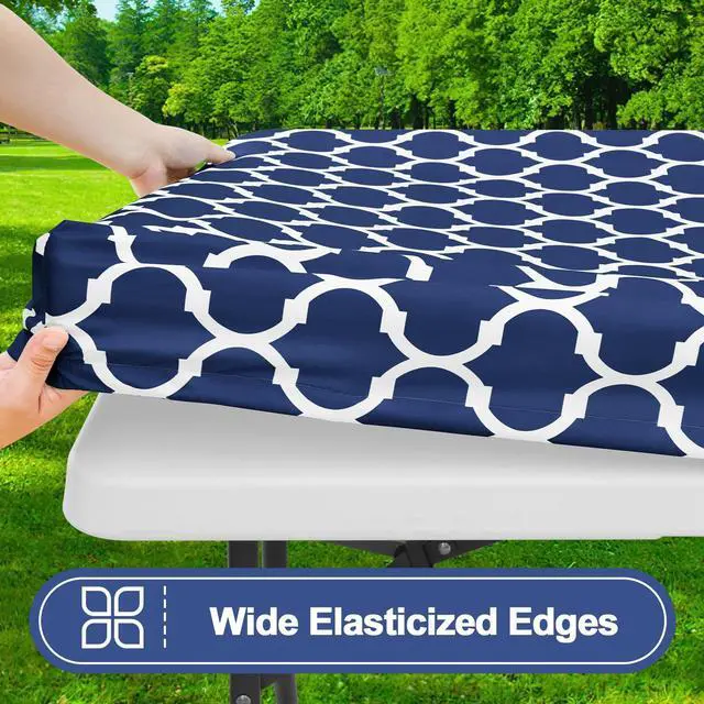 Alt view image 2 of 7 - Picnic Table Cover with Bench Covers, Waterproof Elastic Fitted Tablecloth for 6 Foot Tables, Washable Polyester Tablecloths for Camping & Patriotic Decor (Navy, 30x72 Inch 3-pc Set)