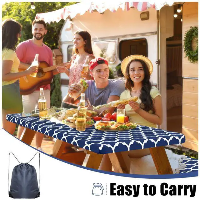 Alt view image 5 of 7 - Picnic Table Cover with Bench Covers, Waterproof Elastic Fitted Tablecloth for 6 Foot Tables, Washable Polyester Tablecloths for Camping & Patriotic Decor (Navy, 30x72 Inch 3-pc Set)