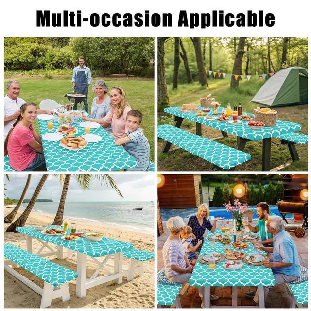Alt view image 6 of 6 - Picnic Table Cover with Bench Covers, Waterproof Elastic Fitted Tablecloth for 6 Foot Tables, Washable Polyester Tablecloths for Camping, Indoor & Outdoor (Teal, 30x72 Inch 3-pc Set)