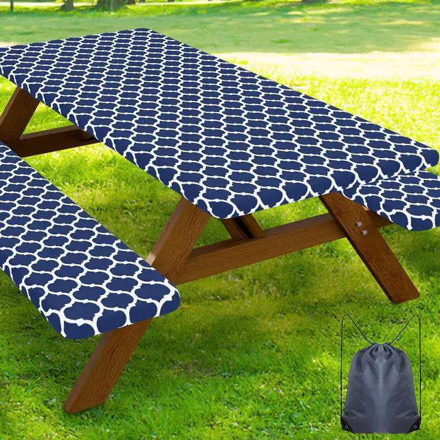 Main image of Picnic Table Cover with Bench Covers, Waterproof Elastic Fitted Tablecloth for 6 Foot Tables, Washable Polyester Tablecloths for Camping & Patriotic Decor (Navy, 30x72 Inch 3-pc Set)