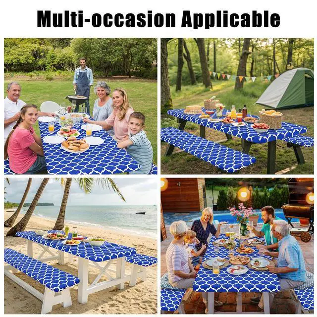 Alt view image 6 of 7 - Picnic Table Cover with Bench Covers, Waterproof Elastic Fitted Tablecloth for 6 Foot Tables, Washable Polyester Tablecloths for Camping, Indoor & Outdoor (Blue, 30x72 Inch 3-pc Set)