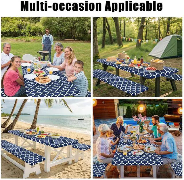 Alt view image 6 of 7 - Picnic Table Cover with Bench Covers, Waterproof Elastic Fitted Tablecloth for 6 Foot Tables, Washable Polyester Tablecloths for Camping & Patriotic Decor (Navy, 30x72 Inch 3-pc Set)