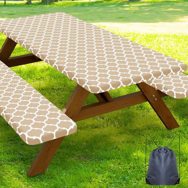 Main image of Picnic Table Cover with Bench Covers, Waterproof Elastic Fitted Tablecloth for 6 Foot Tables, Washable Polyester Tablecloths for Camping, Indoor & Outdoor (Khaki, 30x72 Inch 3-pc Set)