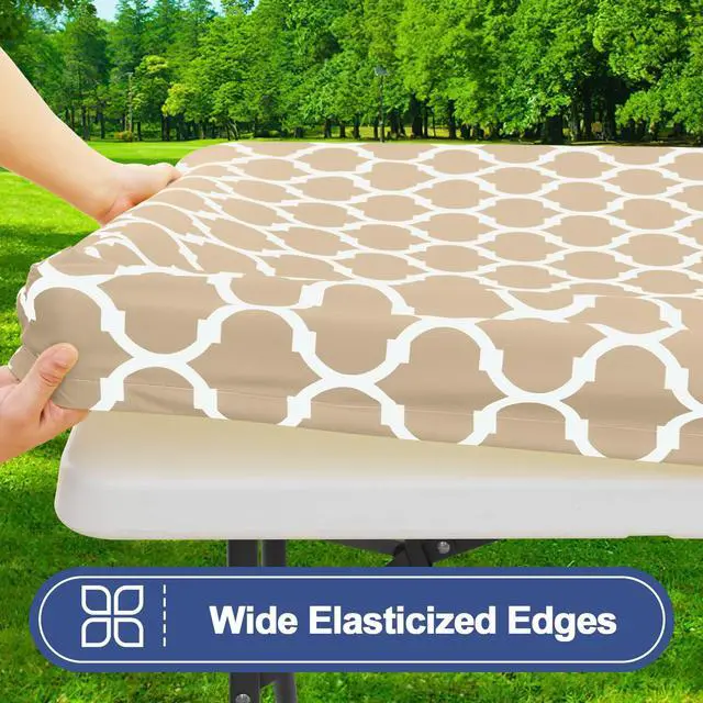 Alt view image 2 of 7 - Picnic Table Cover with Bench Covers, Waterproof Elastic Fitted Tablecloth for 6 Foot Tables, Washable Polyester Tablecloths for Camping, Indoor & Outdoor (Khaki, 30x72 Inch 3-pc Set)