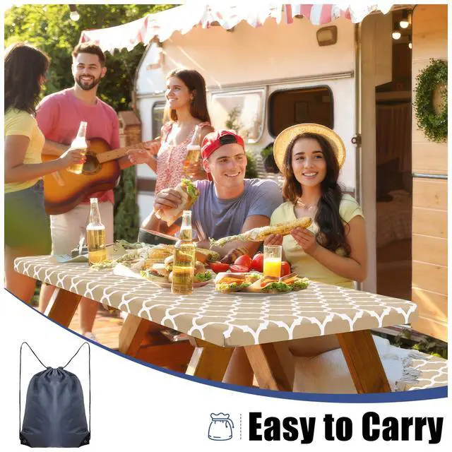 Alt view image 5 of 7 - Picnic Table Cover with Bench Covers, Waterproof Elastic Fitted Tablecloth for 6 Foot Tables, Washable Polyester Tablecloths for Camping, Indoor & Outdoor (Khaki, 30x72 Inch 3-pc Set)