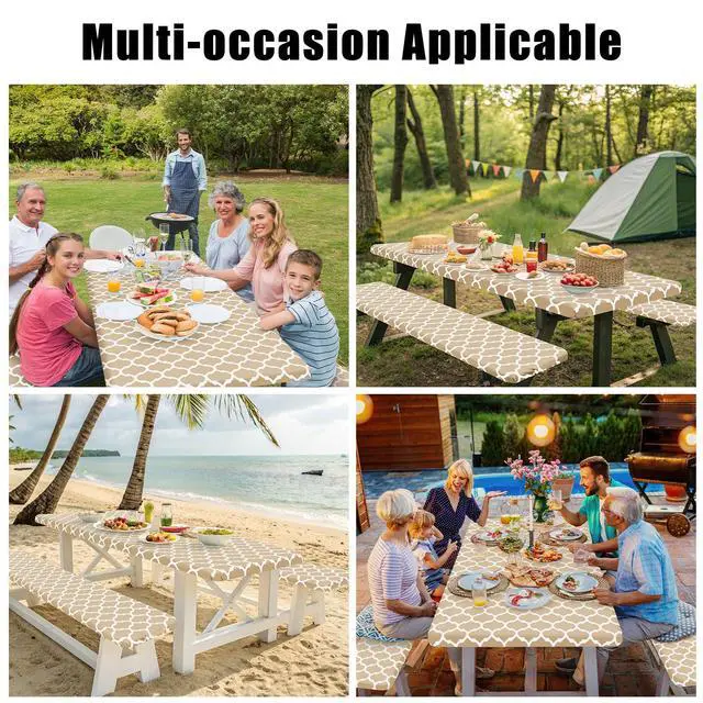 Alt view image 6 of 7 - Picnic Table Cover with Bench Covers, Waterproof Elastic Fitted Tablecloth for 6 Foot Tables, Washable Polyester Tablecloths for Camping, Indoor & Outdoor (Khaki, 30x72 Inch 3-pc Set)