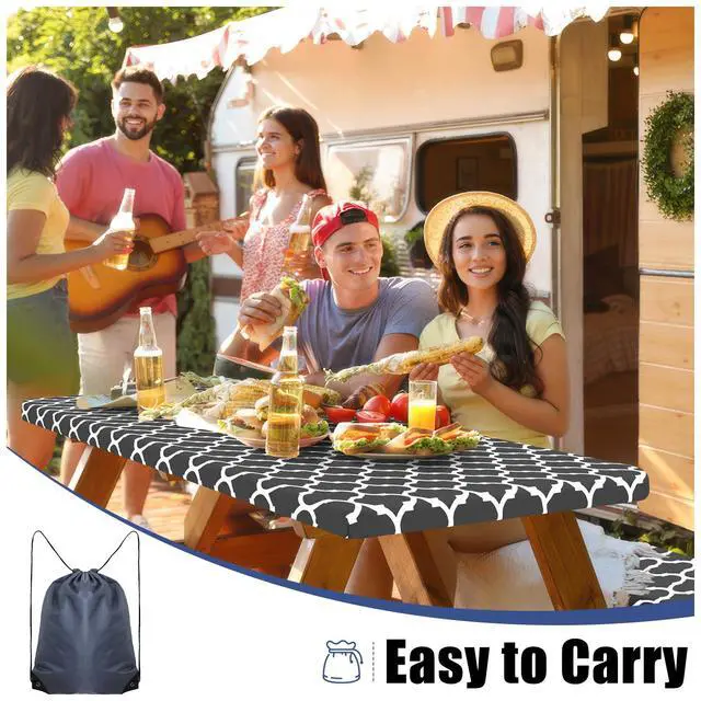 Alt view image 5 of 7 - Picnic Table Cover with Bench Covers, Waterproof Elastic Fitted Tablecloth for 6 Foot Tables, Washable Polyester Tablecloths for Camping, Indoor & Outdoor (Dark Grey, 30x72 Inch 3-pc Set)