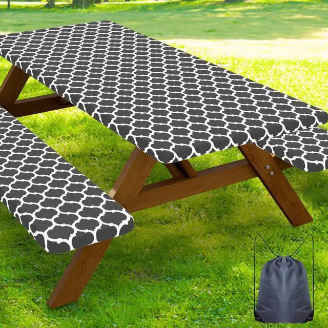 Main image of Picnic Table Cover with Bench Covers, Waterproof Elastic Fitted Tablecloth for 6 Foot Tables, Washable Polyester Tablecloths for Camping, Indoor & Outdoor (Dark Grey, 30x72 Inch 3-pc Set)
