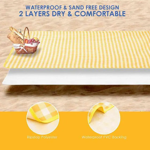 Alt view image 4 of 7 - Beach Blanket Extra Large, XL Sandproof Waterproof Outdoor Camping Blankets 80x60in, Sand Free Oversized Mat, Quick Drying Portable Mats for Travel, Hiking, Music Festival, Lawn-Yellow