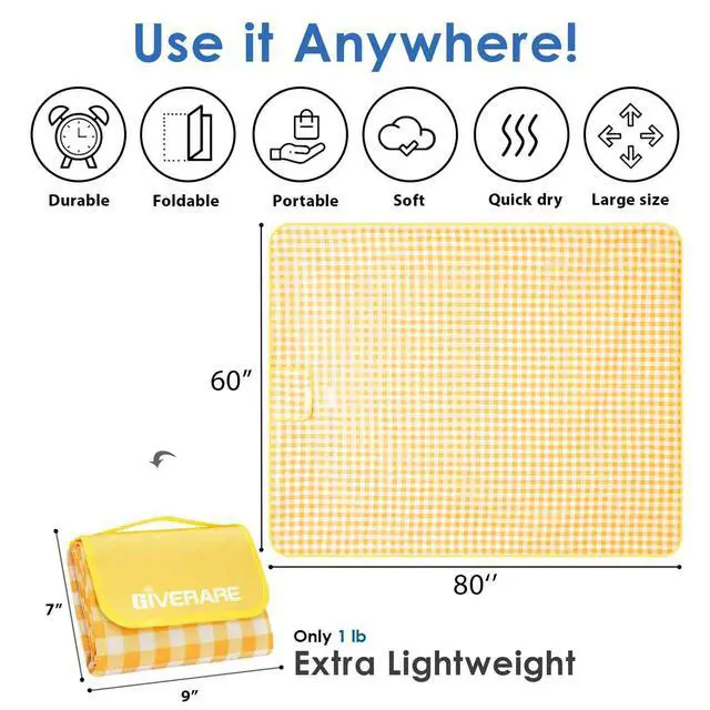 Alt view image 3 of 7 - Beach Blanket Extra Large, XL Sandproof Waterproof Outdoor Camping Blankets 80x60in, Sand Free Oversized Mat, Quick Drying Portable Mats for Travel, Hiking, Music Festival, Lawn-Yellow