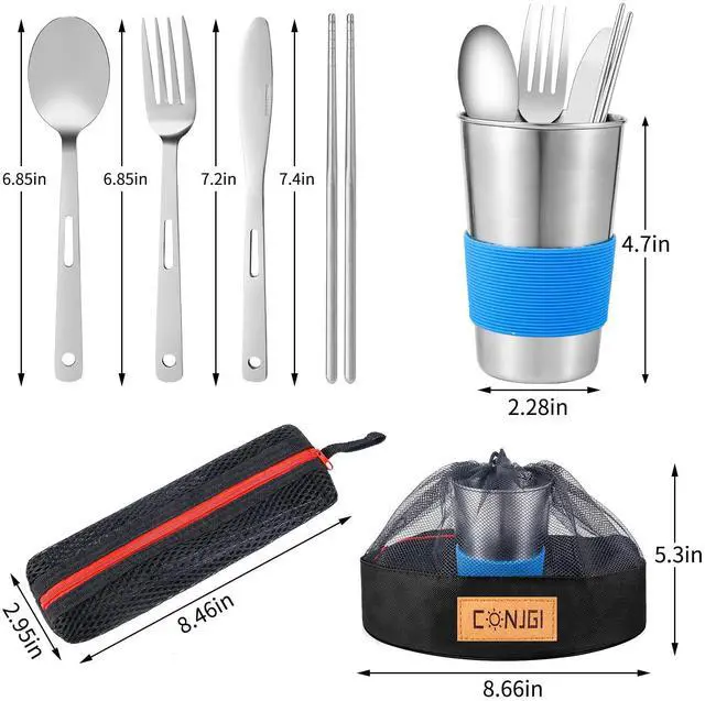 Alt view image 2 of 7 - Camping Dinnerware Set Stainless - Camping Mess Kit Includes Cups, Bowls, Dishes, Knives, Forks, Spoons, Etc, Camping Tableware Set with Mesh Bag is Easy to Carry2-Person Set Blue