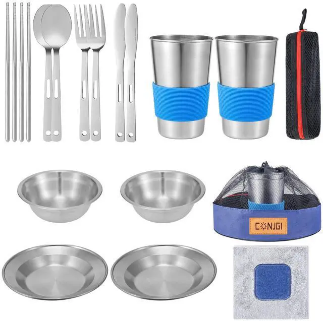 Main image of Camping Dinnerware Set Stainless - Camping Mess Kit Includes Cups, Bowls, Dishes, Knives, Forks, Spoons, Etc, Camping Tableware Set with Mesh Bag is Easy to Carry2-Person Set Blue