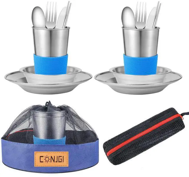 Alt view image 6 of 7 - Camping Dinnerware Set Stainless - Camping Mess Kit Includes Cups, Bowls, Dishes, Knives, Forks, Spoons, Etc, Camping Tableware Set with Mesh Bag is Easy to Carry2-Person Set Blue