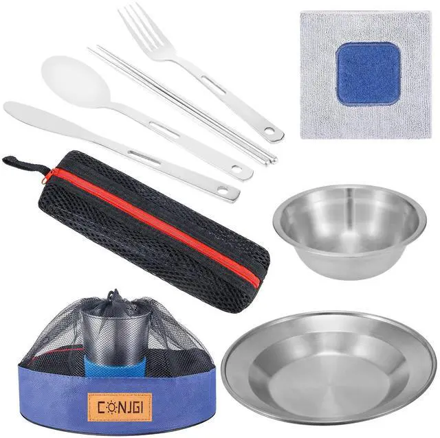 Alt view image 7 of 7 - Camping Dinnerware Set Stainless - Camping Mess Kit Includes Cups, Bowls, Dishes, Knives, Forks, Spoons, Etc, Camping Tableware Set with Mesh Bag is Easy to Carry2-Person Set Blue