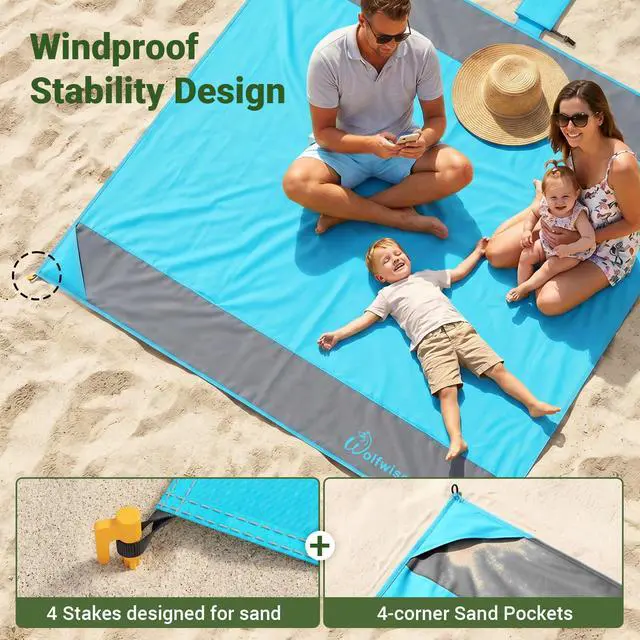 Alt view image 2 of 7 - 78" × 81" XXL Beach Blanket, Waterproof & Sandproof Picnic Mat with 4 Sand Pockets & 4 Stakes, Windproof Outdoor Camping Beach Mat, Lightweight, Fits 4 People, Blue