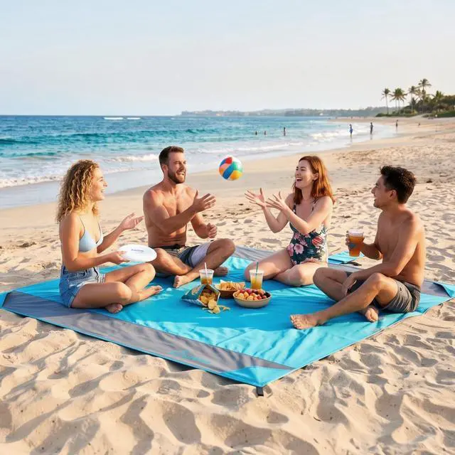 Alt view image 6 of 7 - 78" × 81" XXL Beach Blanket, Waterproof & Sandproof Picnic Mat with 4 Sand Pockets & 4 Stakes, Windproof Outdoor Camping Beach Mat, Lightweight, Fits 4 People, Blue