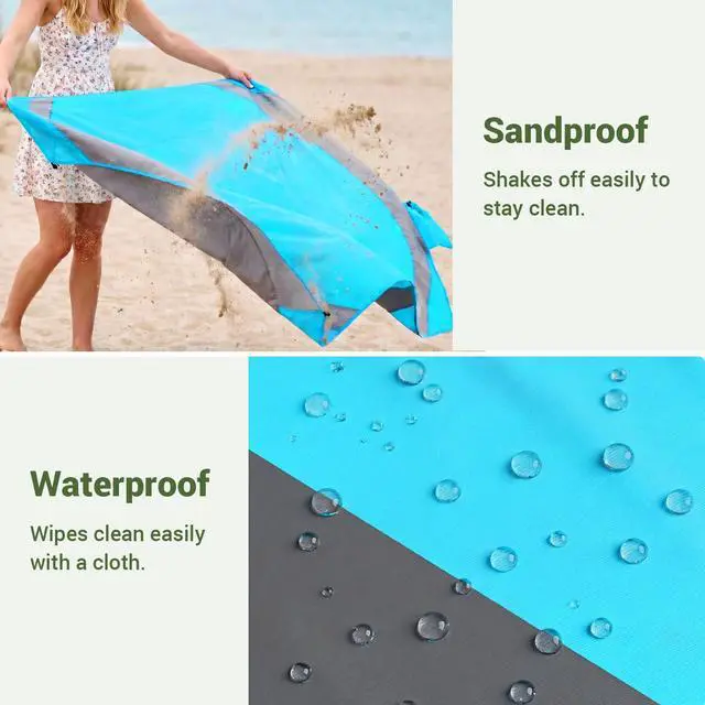 Alt view image 5 of 7 - 78" × 81" XXL Beach Blanket, Waterproof & Sandproof Picnic Mat with 4 Sand Pockets & 4 Stakes, Windproof Outdoor Camping Beach Mat, Lightweight, Fits 4 People, Blue