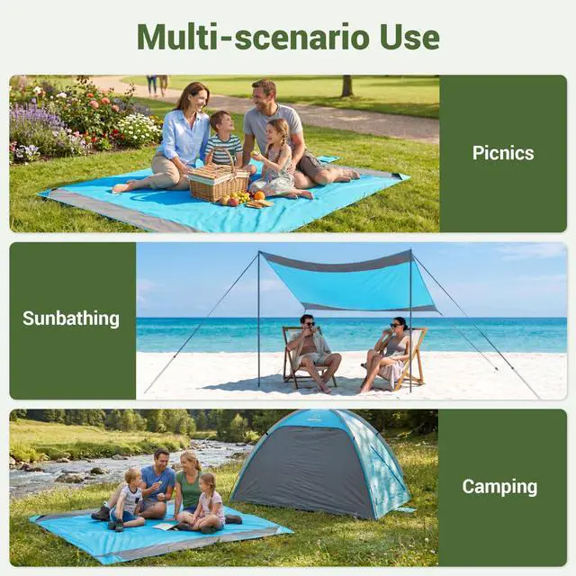 Alt view image 7 of 7 - 78" × 81" XXL Beach Blanket, Waterproof & Sandproof Picnic Mat with 4 Sand Pockets & 4 Stakes, Windproof Outdoor Camping Beach Mat, Lightweight, Fits 4 People, Blue