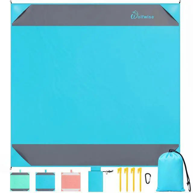Main image of 78" × 81" XXL Beach Blanket, Waterproof & Sandproof Picnic Mat with 4 Sand Pockets & 4 Stakes, Windproof Outdoor Camping Beach Mat, Lightweight, Fits 4 People, Blue