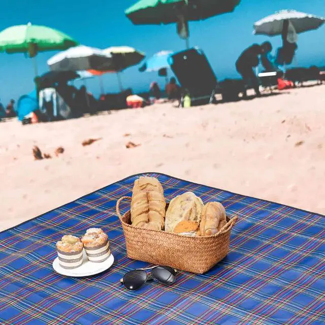 Alt view image 2 of 7 - Beach Picnic Blanket, Sandproof Waterproof Camping Blankets Large, Outdoor Sandfree Foldable Mat 55x40in, Oversized Packable Family Mats for Hiking, Camping, Park, Travel, Grass Concert-Blue