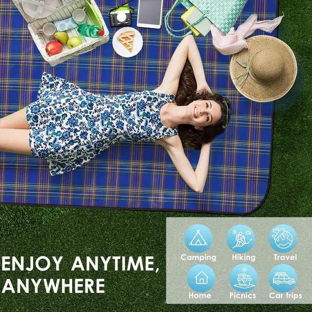 Alt view image 7 of 7 - Beach Picnic Blanket, Sandproof Waterproof Camping Blankets Large, Outdoor Sandfree Foldable Mat 55x40in, Oversized Packable Family Mats for Hiking, Camping, Park, Travel, Grass Concert-Blue