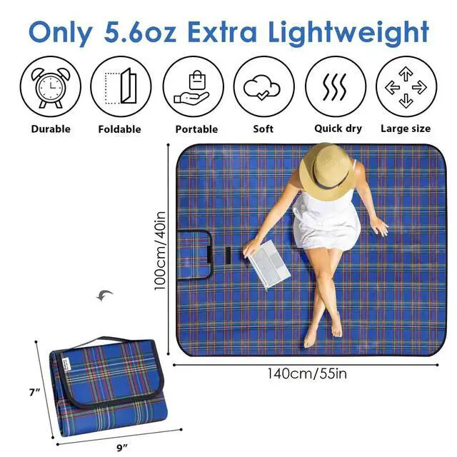 Alt view image 5 of 7 - Beach Picnic Blanket, Sandproof Waterproof Camping Blankets Large, Outdoor Sandfree Foldable Mat 55x40in, Oversized Packable Family Mats for Hiking, Camping, Park, Travel, Grass Concert-Blue