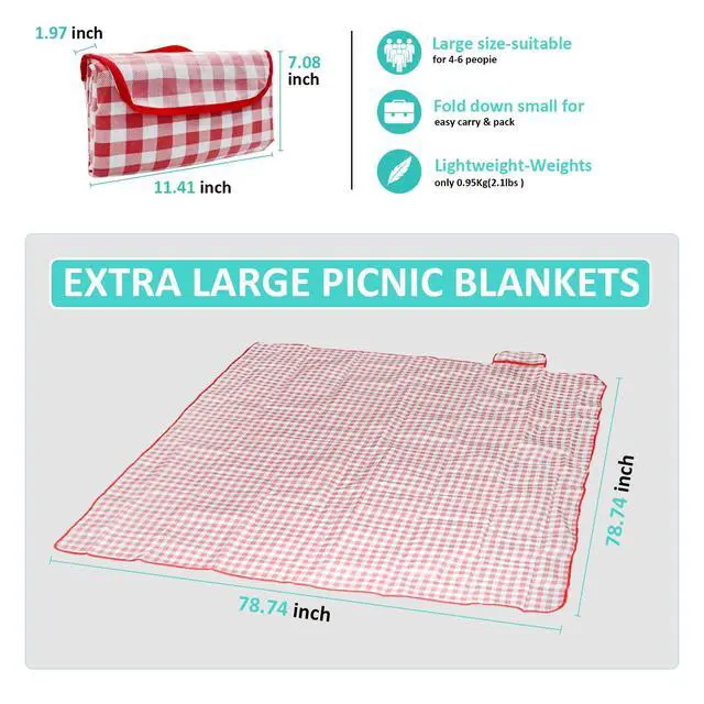 Alt view image 3 of 7 - Outdoor Picnic Blanket,Extra Large Picnic Blanket Beach Blankets, Picnic Mat Waterproof Sand Proof Foldable Portable for Outdoor Camping Hiking Travel Grass Music Festival Lawn Mats (red)