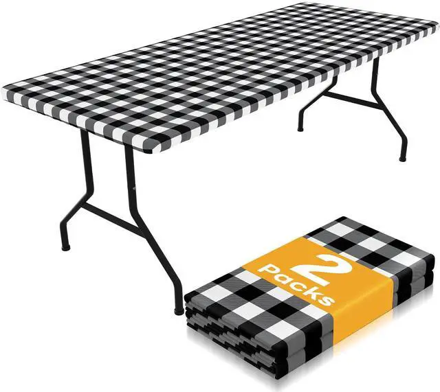 Main image of Picnic Table Cloth 2 Pack, Waterproof Elastic Fitted Tablecloths for 6FT Rectangle Tables, Washable Polyester Buffalo Plaid Tablecloth for Camping, Dining & Outdoor (Black & White, 30" x 72")