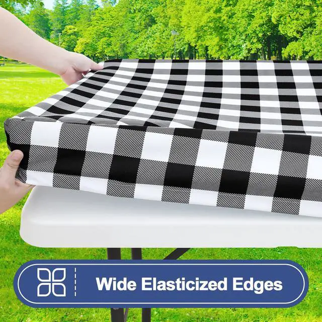 Alt view image 2 of 7 - Picnic Table Cloth 2 Pack, Waterproof Elastic Fitted Tablecloths for 6FT Rectangle Tables, Washable Polyester Buffalo Plaid Tablecloth for Camping, Dining & Outdoor (Black & White, 30" x 72")