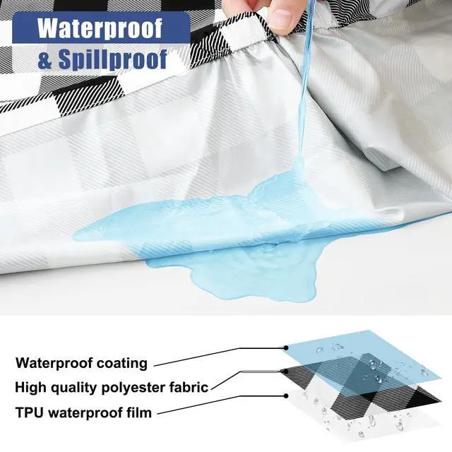 Alt view image 3 of 7 - Picnic Table Cloth 2 Pack, Waterproof Elastic Fitted Tablecloths for 6FT Rectangle Tables, Washable Polyester Buffalo Plaid Tablecloth for Camping, Dining & Outdoor (Black & White, 30" x 72")