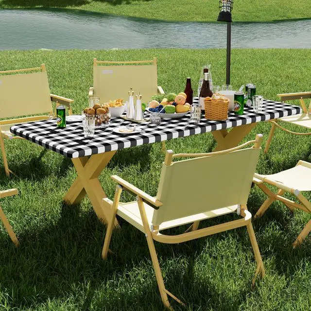 Alt view image 7 of 7 - Picnic Table Cloth 2 Pack, Waterproof Elastic Fitted Tablecloths for 6FT Rectangle Tables, Washable Polyester Buffalo Plaid Tablecloth for Camping, Dining & Outdoor (Black & White, 30" x 72")