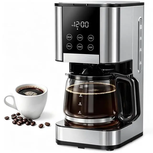 Main image of 10 Cup Programmable Drip Coffee Maker, Adjustable Brew Strength, Pause & Serve, Heat Resistant Glass Carafe, Permanent Filter, Auto Shut Off, Stainless Steel, Compact Coffee Machine for Home Office