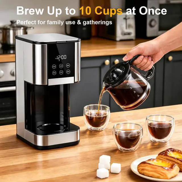 Alt view image 2 of 7 - 10 Cup Programmable Drip Coffee Maker, Adjustable Brew Strength, Pause & Serve, Heat Resistant Glass Carafe, Permanent Filter, Auto Shut Off, Stainless Steel, Compact Coffee Machine for Home Office