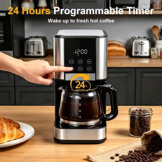 Alt view image 3 of 7 - 10 Cup Programmable Drip Coffee Maker, Adjustable Brew Strength, Pause & Serve, Heat Resistant Glass Carafe, Permanent Filter, Auto Shut Off, Stainless Steel, Compact Coffee Machine for Home Office