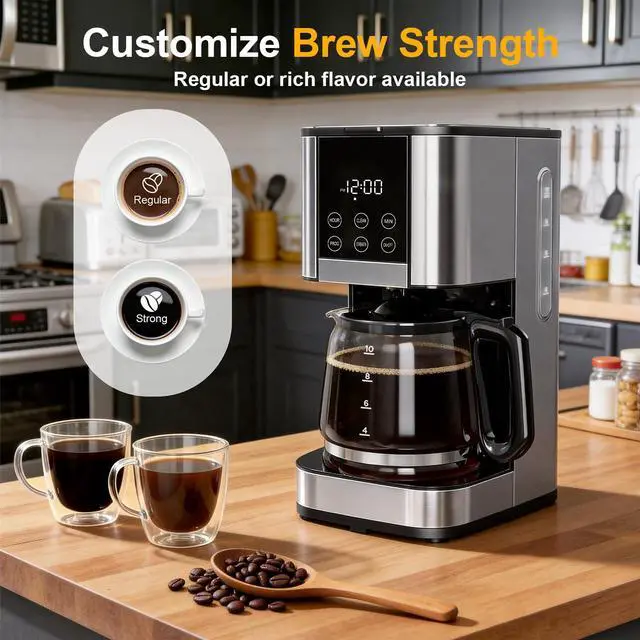 Alt view image 5 of 7 - 10 Cup Programmable Drip Coffee Maker, Adjustable Brew Strength, Pause & Serve, Heat Resistant Glass Carafe, Permanent Filter, Auto Shut Off, Stainless Steel, Compact Coffee Machine for Home Office