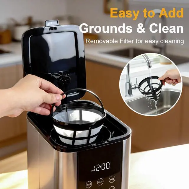 Alt view image 7 of 7 - 10 Cup Programmable Drip Coffee Maker, Adjustable Brew Strength, Pause & Serve, Heat Resistant Glass Carafe, Permanent Filter, Auto Shut Off, Stainless Steel, Compact Coffee Machine for Home Office
