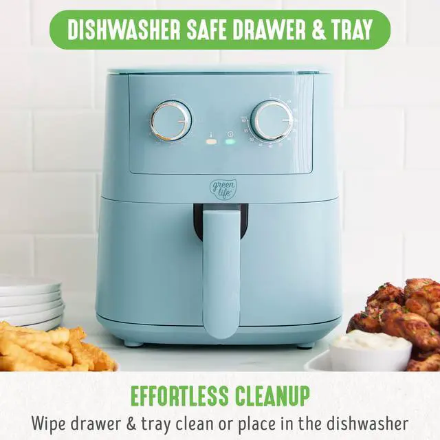Alt view image 4 of 5 - 4.5QT Air Fryer, Mechanical Dial Controls, PFAS-Free Ceramic Nonstick Drawer, Adjustable Temp & Timer, LED Indicator, Oil-Less Cooking, Dishwasher Safe, Compact Family Size, Blue