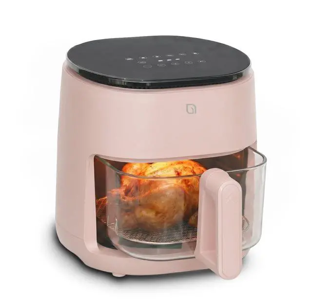 Main image of Eco Series 6 in 1 Air Fryer with Glass Basket, 5 Quart Non Toxic Air Fryer w Digital Display, 430°F Max Temp, Preheat & Keep Warm Function, Compact + Dishwasher Safe Glass Pink Airfryer