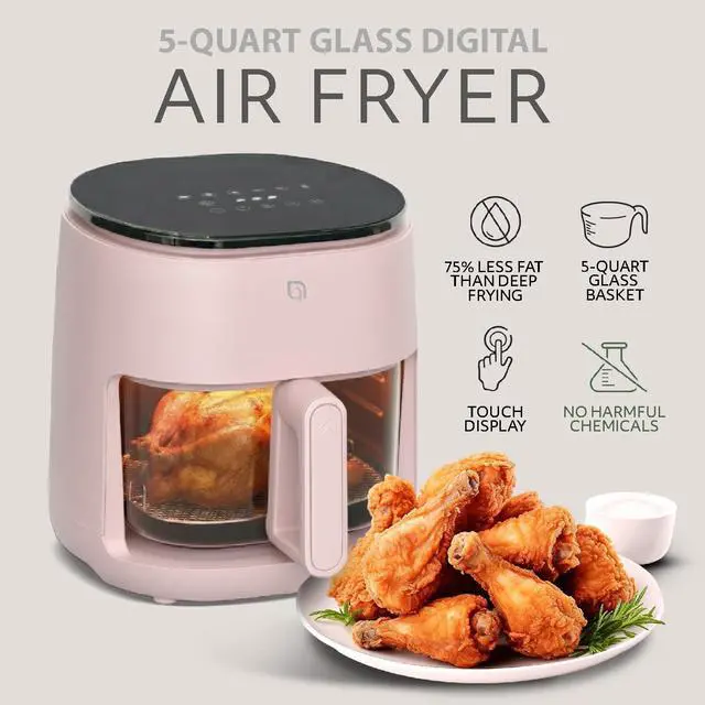 Alt view image 2 of 7 - Eco Series 6 in 1 Air Fryer with Glass Basket, 5 Quart Non Toxic Air Fryer w Digital Display, 430°F Max Temp, Preheat & Keep Warm Function, Compact + Dishwasher Safe Glass Pink Airfryer