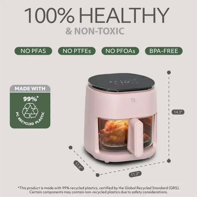 Alt view image 6 of 7 - Eco Series 6 in 1 Air Fryer with Glass Basket, 5 Quart Non Toxic Air Fryer w Digital Display, 430°F Max Temp, Preheat & Keep Warm Function, Compact + Dishwasher Safe Glass Pink Airfryer