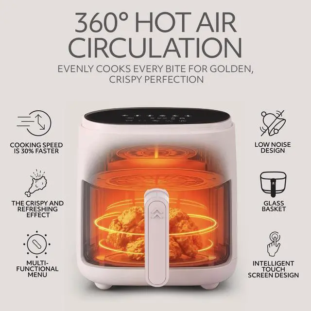 Alt view image 4 of 7 - Eco Series 6 in 1 Air Fryer with Glass Basket, 5 Quart Non Toxic Air Fryer w Digital Display, 430°F Max Temp, Preheat & Keep Warm Function, Compact + Dishwasher Safe Glass Pink Airfryer